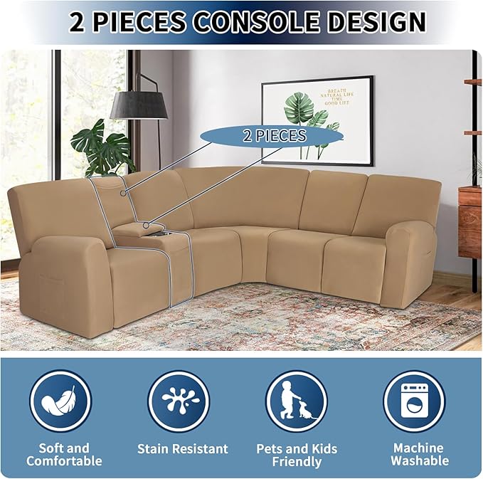 PureFit Recliner Console Cover for Reclining Couch Covers, Super Stretch Middle Console Slipcovers for Recliner Sofa Cover, Furniture Protector for Kids Pets with Pockets&Elastic Bottom, Camel