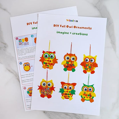 Winlyn 24 Sets Foam Owl Decorations DIY Owl Fall Craft Kit Assorted Foam Owl Shapes with Autumn Leaves Pumpkins Googly Eyes Pom-Poms for Kids Gift Halloween Thanksgiving Holiday Classroom Art Activity