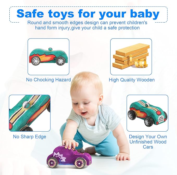 12 Pieces Wood DIY Car Toys, Unfinished Wooden Cars, Crafts for Students Home Activities, Easy Woodworking and Family Time Set