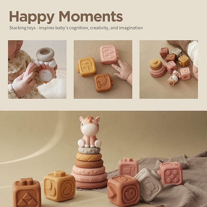 Nueplay 13 Pcs Building Circle & Blocks, Stacking & Nesting Baby Toys with Horse Figure, Newborn Essentials Squeeze Teething Toy Gifts for 6 12 18 Months Baby Toddler Girls