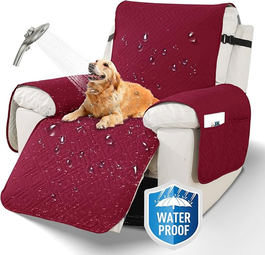 XINEAGE 100% Waterproof Recliner Cover, Non Slip Recliner Chair Cover with Elastic Band, Washable Recliner Slipcover with Storage Pockets for Kids, Pets (Wine Red, 30")