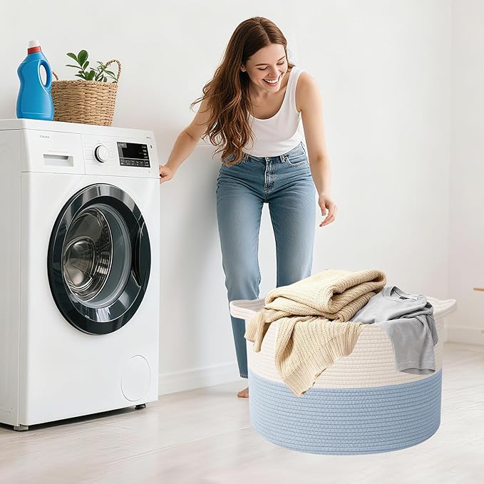 115L Extra Large Woven Cotton Rope Blanket Basket with Handles, Laundry Hamper Storage Bin for Pillows, Comforters,Clothes, Toys, Nursery, Bedroom and Living Room Organization,White&Blue