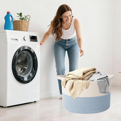 90L Large Blanket Basket,21.7"L x 21.7"W x 13.8"H Rope Woven Baskets with Handles, Toys Storage Bins,Laundry Basket Perfect for Living Room, Nursery,Bedroom,Home Organization,White&Blue