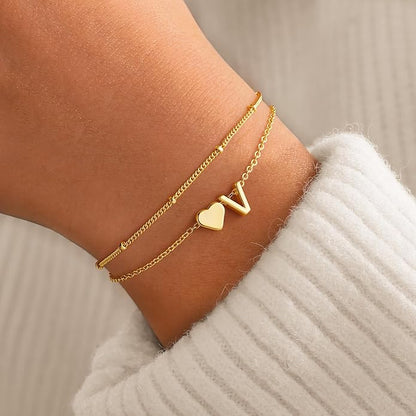 M MOOHAM Mothers Day Gifts for Kids Teens Girls - 14K-Gold-Plated Heart Initial A-Z Bracelets for Women Girl Dainty Gold Bracelets Birthday Mothers Day Gifts for Mom Grandma Teenage Girls Kids Teens