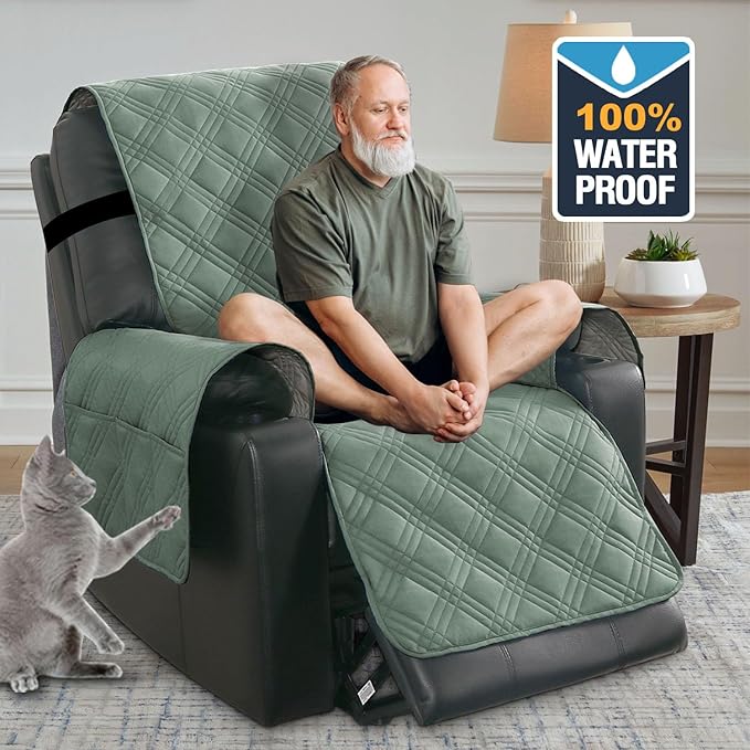 H.VERSAILTEX 100% Waterproof Recliner Chair Covers Anti-Slip Recliner Cover for Electric Power Lift Recliner Chair Washable Recliner Slipcover with Pocket, Elastic Straps for Pets, Dogs,Lily Pad/Beige