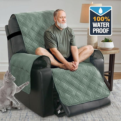 H.VERSAILTEX 100% Waterproof Recliner Chair Covers Anti-Slip Recliner Cover for Electric Power Lift Recliner Chair Washable Recliner Slipcover with Pocket, Elastic Straps for Pets, Dogs,Lily Pad/Beige