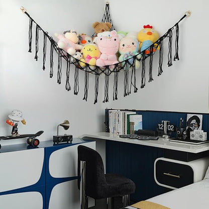 Boho Stuffed Animals Net or Hammock Large,55 inch Toy Hammock Macrame Stuff Animal Storage Corner Hanging Net Holder,Mesh Hammock Plush Toy Organizer with Hooks for Bedroom,Nursery (Black)