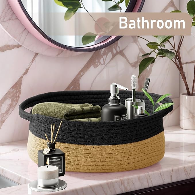 JMvicyroam Woven Basket,Small Rope Storage Bin with Handles & Ribbon Bag, Organizer for Shelves Closets,Gift Basket Empty for Birthday,Books,Dog Toys, Black&Jute/3 Pack