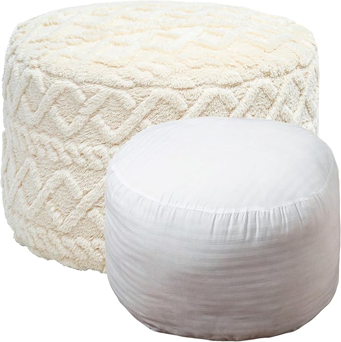 Pouf Ottoman Stuffed 20x20x12 Inches Floor Pouf Plush Fiber Ottoman Foot Rest Under Desk Foot Stool for Living Room Bedroom (Cream)