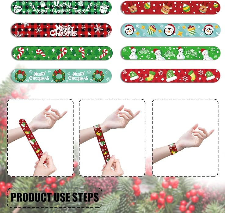 KIMOBER 48PCS Christmas Slap Bracelets,Assorted Snap Wristbands with Xmas Elements for Kids Party Favors