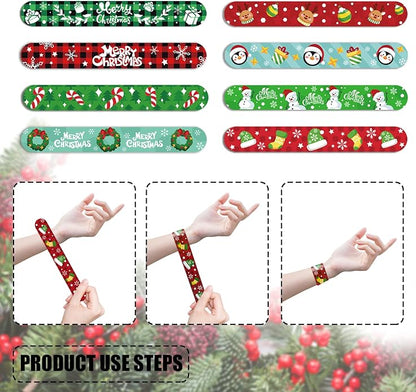 KIMOBER 48PCS Christmas Slap Bracelets,Assorted Snap Wristbands with Xmas Elements for Kids Party Favors