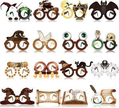 32 Pcs Halloween Wizard Party Decorations Paper Eyeglasses Wizard School Party Decoration Wizard Party Photo Prop Wizard Glasses Frame Costume Supplies for Halloween Birthday Party Favors