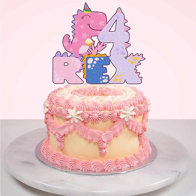 Pink Dinosaur Cake Toppers,Dinosaur 4 Rex Cake Topper, Four Rex Birthday Decorations for Girl Dinosaur 4 Years Old Birthday Party Supplies