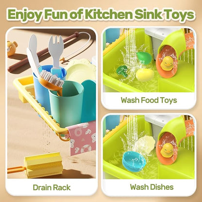 HOLYFUN Play Sink with Running Water, Kitchen Sink Toys with Upgraded Electric Faucet, Water Slide Track, Baby Dishwasher, Kids Fishing Toys, Role Play Sink Toy for Toddler Boys and Girls