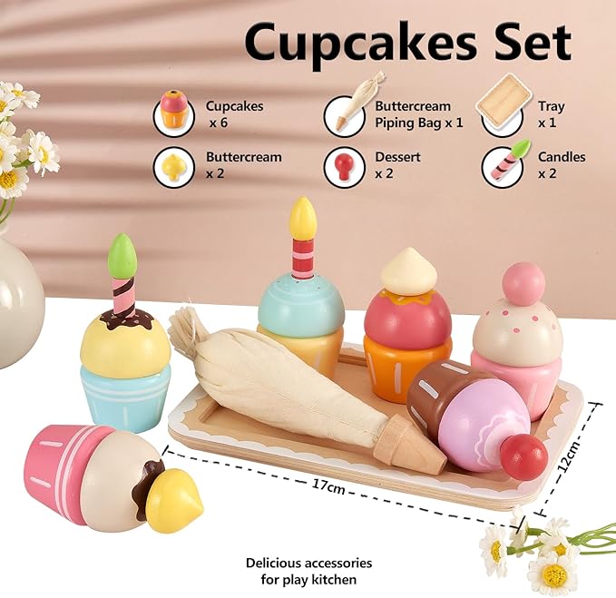 HERSITY Wooden Cupcakes Toys Pretend Play Food Desserts Kids Baking Set, Kitchen Playset for Toddlers 3-5, Tea Party for Little Girls Cooking Games Age 3 4 5 Years Old Girls Boys