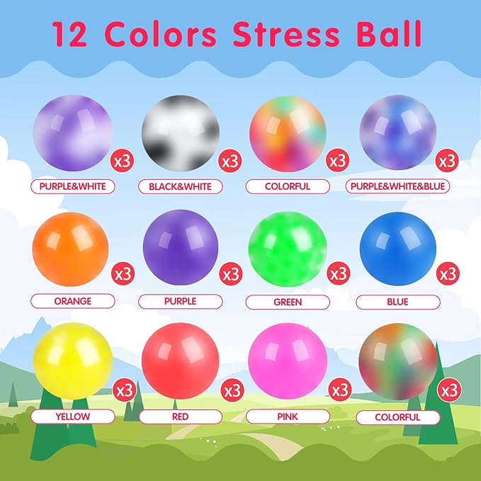 36 Pack Squishy Ball, Stress Balls Bulk for Adults, Anti-Anxiety and Fidget Balls to Relax, Birthday Gifts