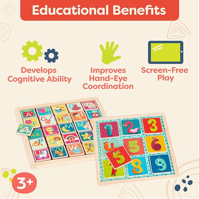 B. toys- Magnetic Alphabet & Count n' Doodle Duo Pack- Magnetic Puzzles – Wooden Puzzle Pack – Numbers & Alphabet – 2-in-1 Chalkboard Side – 3 Years +