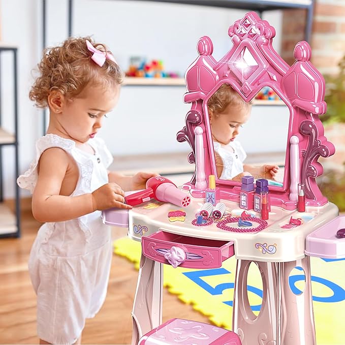 Pretend Play Girls Makeup Table Set with Stool，Kids Vanity Set with Lights and Music，Toddler Beauty Salon Set with Makeup Accessories & Hair Dryer Toy，Best Birthday Gifts for Toddlers 2-5 Years Old