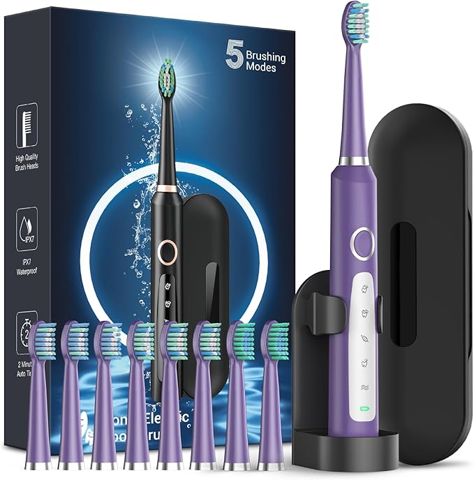 Rtauys M5 Sonic Electric Toothbrush for Adults and Kids - Rechargeable Electric Toothbrush Kids Ages 12+ and Adults with 8 Brush Heads & Travel Case, 120 Days Battery Life - Purple