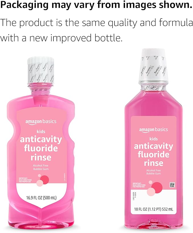 Amazon Basics Kids Mouthwash with Fluoride, Anticavity, Alcohol-Free Bubble Gum, 18 fl oz (Pack of 4)