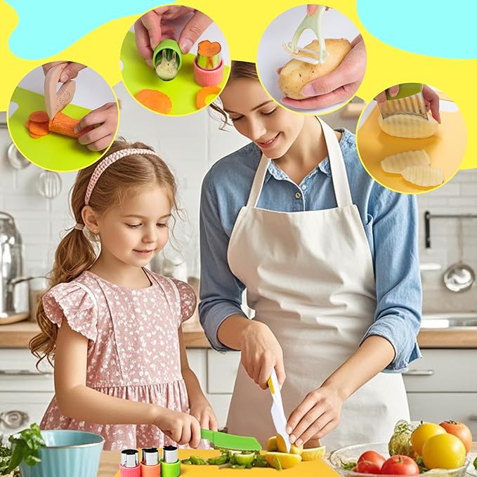 23 PCS Kids Cooking Sets, Kitchen Tools for Toddlers' Real Cooking, Kids Kitchen Knife Set with Cutting Board Kid Safe Knives Peeler Sandwich Cutters Crinkle Cutter, for Girls Boys