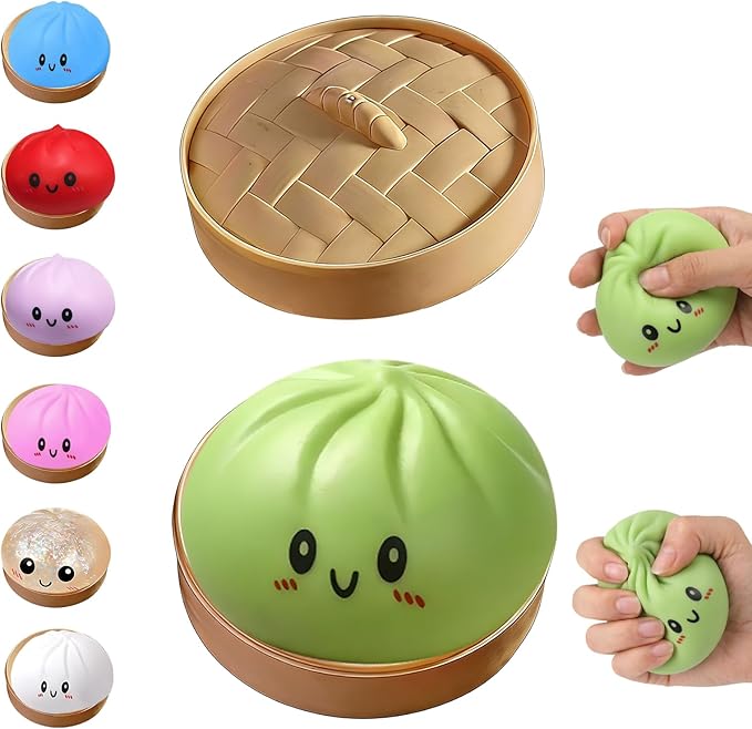 Dumpling Squishies Toy, Giant Glitter Dumpling, Colorful Steamed Bun Stress Balls Fidget Sensory Toy,Squeeze Dough Ball Stress Relief Hand Toys with Food Steamer Stretchy Desk Toys (Green)