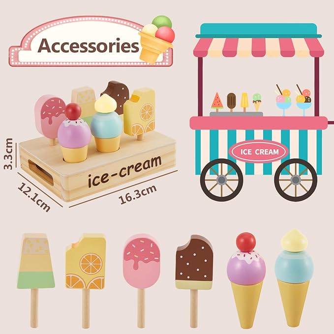 HERSITY Wooden Ice Cream Stand for Kids, Ice Cream Popsicle Toy Pretend Play Food Kitchen Accessories Playset Ice Lolly Shop Games for Toddlers Girls Boys 3 4 5 Years Old