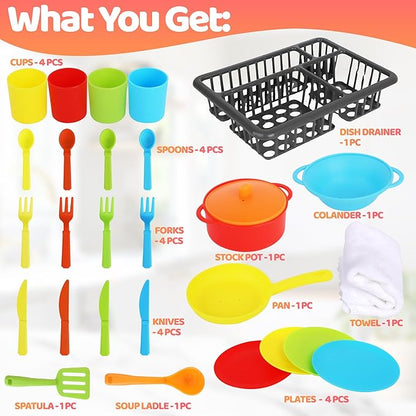 Kids Play Dishes with Drainer - 27PC Tableware & Pretend Kitchen Accessories, Plastic Play Set - Durable and Colourful for Children Ages 3+