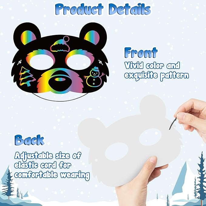 B1ykin 30Pcs Polar Animals Scratch Mask Gift Set, DIY Magic Winter Arctic Animal Scratch Masks Craft Kit for Kids, Color Paper Party Favors for Birthday School Classroom Art Activity Project