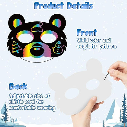 B1ykin 30Pcs Polar Animals Scratch Mask Gift Set, DIY Magic Winter Arctic Animal Scratch Masks Craft Kit for Kids, Color Paper Party Favors for Birthday School Classroom Art Activity Project