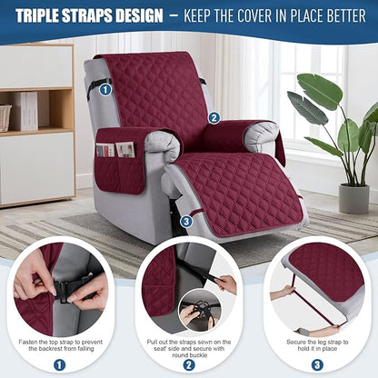 TAOCOCO 100% Waterproof Recliner Covers, Recliner Sofa Covers with Leg Straps, Reversible Recliner Couch Cover for Reclining Chair, Washable Couch Protector for Pets Kids(1 Seater 22", Wine)