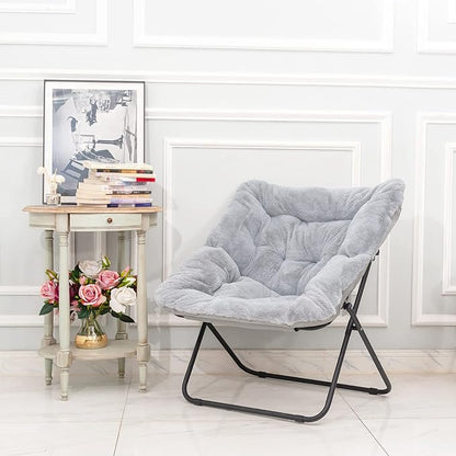 Tiita Comfy Saucer Chair, Soft Faux Fur Oversized Folding Accent Chair, Lounge Lazy Chair for Kids Teens Adults, Metal Frame Moon Chair for Bedroom, Living Room, Dorm Rooms, X-Large, Grey