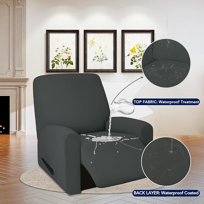 PureFit 100% Dual Waterproof Recliner Cover, Waterproof Couch Cover for Recliner - Stretch Non Slip Fleece Sofa Covers Washable, Leakproof Furniture Protector for Kids, Pets, Dog (Recliner, Dark Gray)