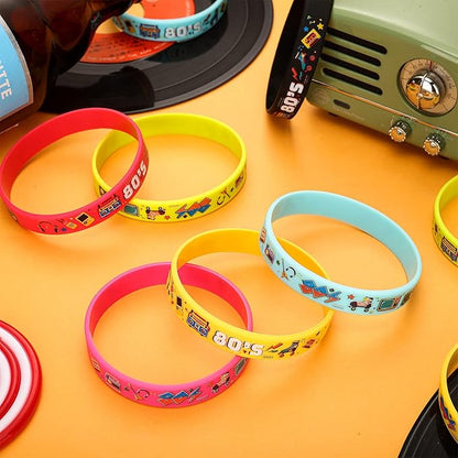 Leitee 48 Pcs 80s Party Favors 1980s Themed Silicone Bracelets 80s Jewelry for Women Men Radio Roller Skate 80s Bracelets Retro Rubber Wristbands for 1980s Party Birthday Music Party Supplies