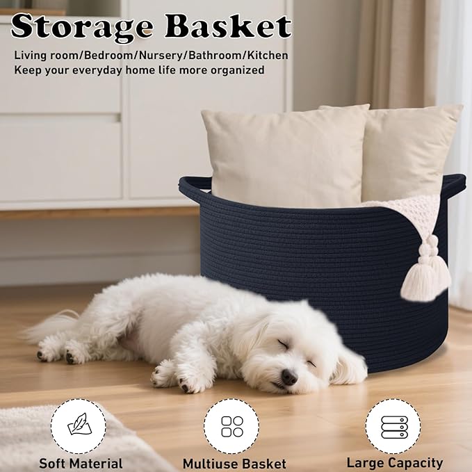 115L Large Blanket Basket,23.6" L x 23.6" W x 15.7" H Rope Woven Baskets with Handles, Toys Storage Bins,Laundry Basket Perfect for Living Room, Nursery,Bedroom,Home Organization,Navy
