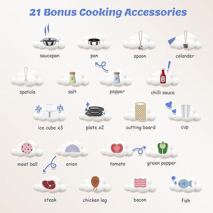 Play Kitchen for Kids, Wooden Play Kitchen with Toy Storage System, 21pcs Accessories Included, Oven Faucet, Microwave, Ice Maker, BBQ, with Lights & Sounds Kitchen Playset Gift for Ages 3+