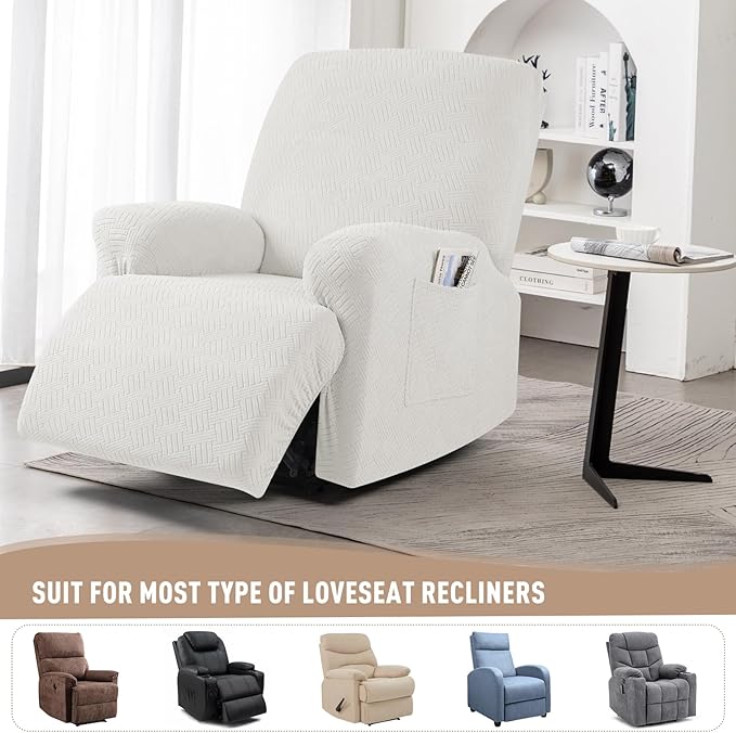 KinCam Recliner Covers, Stretch Reclining Chair Covers, Recliner Sofa Slipcovers Stripe Jacquard Recliner Couch Covers Furniture Protector Covers for Pet Kid (1 Seater, Cream)