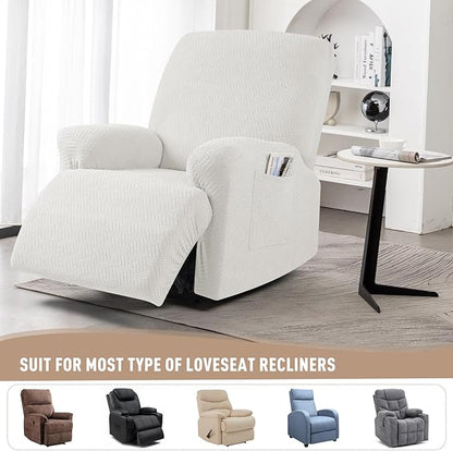 KinCam Recliner Covers, Stretch Reclining Chair Covers, Recliner Sofa Slipcovers Stripe Jacquard Recliner Couch Covers Furniture Protector Covers for Pet Kid (1 Seater, Cream)