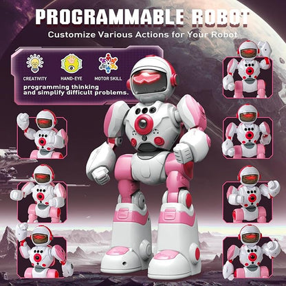 Robot Toys for Kids 3-5, Robot for Girls 3 4 5 6 Year Old Upgrade Record Voice Remote Control Robo Programmable Music Dancing Function Smart Pink Warrior Birthday Gift Toy for Toddler 7 8 9 8-12