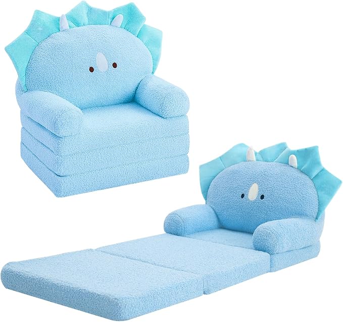 MOONBEEKI Comfy Toddler Chair, Kids Couch Fold Out to Lounger, Foldable Baby Sofa Plush for Girl and Boy Age 18 Months and Up （Blue Triceratops）