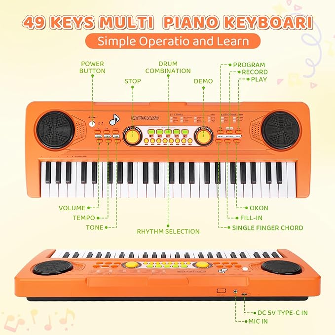 Kids Piano Keyboard with Microphone, 49 Keys Portable Electronic Piano Keyboard for Kids Beginners Ages 3 4 5 6 7, Toy Music Keyboard Birthday Xmas Gift for Girls Boys, Orange