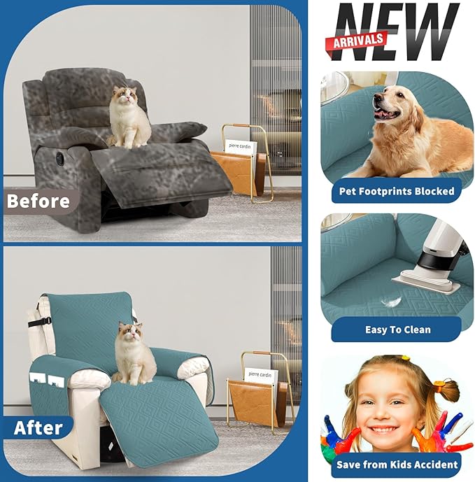 XINEAGE 100% Waterproof Recliner Cover, Non Slip Recliner Chair Cover with Elastic Band, Washable Recliner Slipcover with Storage Pockets for Kids, Pets (Light Blue, 23")