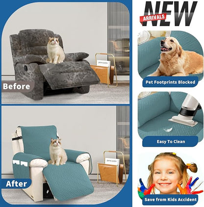 XINEAGE 100% Waterproof Recliner Cover, Non Slip Recliner Chair Cover with Elastic Band, Washable Recliner Slipcover with Storage Pockets for Kids, Pets (Light Blue, 23")