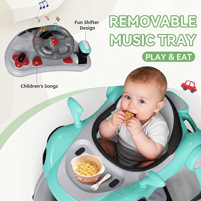 Baby Walker with Wheels, 7-in-1 Foldable Baby Walkers for Boys Girls 6-12 Months with Feeding Tray & Music, Lights,Rocker,Sun Canopy, Bouncing Pedal, Adjustable Wheel Speed, Push Walker(Green)