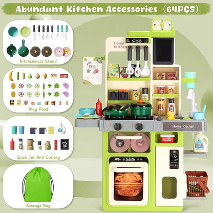 Kids Kitchen Playset, Easface Play Kitchen for Toddlers 1-3 with Sound and Light, Cooking Stove with Steam, Play Sink and Toy Kitchen Accessories Pretend Kitchen Toys for Girls Boys 3-5 (Soft Green)