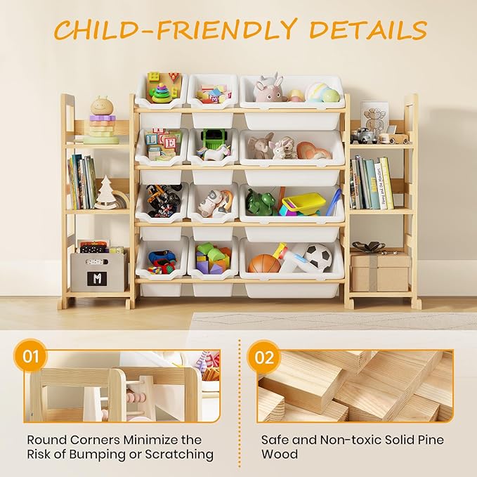 EXPERLAM Extra Large Toy Storage - Toy Storage Organizer, Wooden Toy Organizer with 6 Side Shelves and 12 Bins, 3-in-1 Bookshelf for Kids Rooms, Playroom, Nursery, White