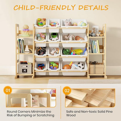 EXPERLAM Extra Large Toy Storage - Toy Storage Organizer, Wooden Toy Organizer with 6 Side Shelves and 12 Bins, 3-in-1 Bookshelf for Kids Rooms, Playroom, Nursery, White
