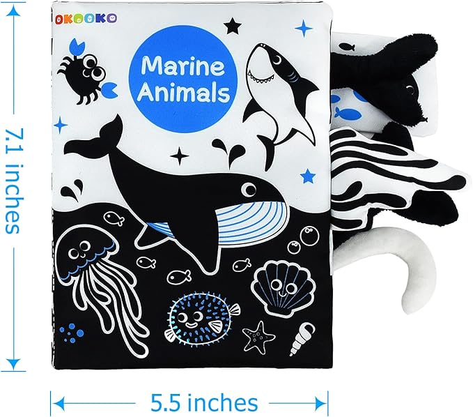 OKOOKO Soft Baby Book Black and White High Contrast Marine Animals Tails Book Bath Book Montessori Sensory Stroller Toy Non-Toxic Crinkle Washable Early Education for Baby Infant Toddler