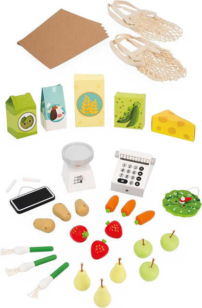 Janod - Children's Merchant Farm Market - Imitation Game for Children - 32 Accessories - Develops Imagination - FSC Wooden Toy - Water Painting - Suitable for Ages 3 and Above - J03322