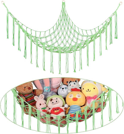 Boho Stuffed Animals Net or Hammock Large,55 inch Toy Hammock Macrame Stuff Animal Storage Corner Hanging Net Holder,Mesh Hammock Plush Toy Organizer with Hooks for Bedroom,Nursery (Deep Green)
